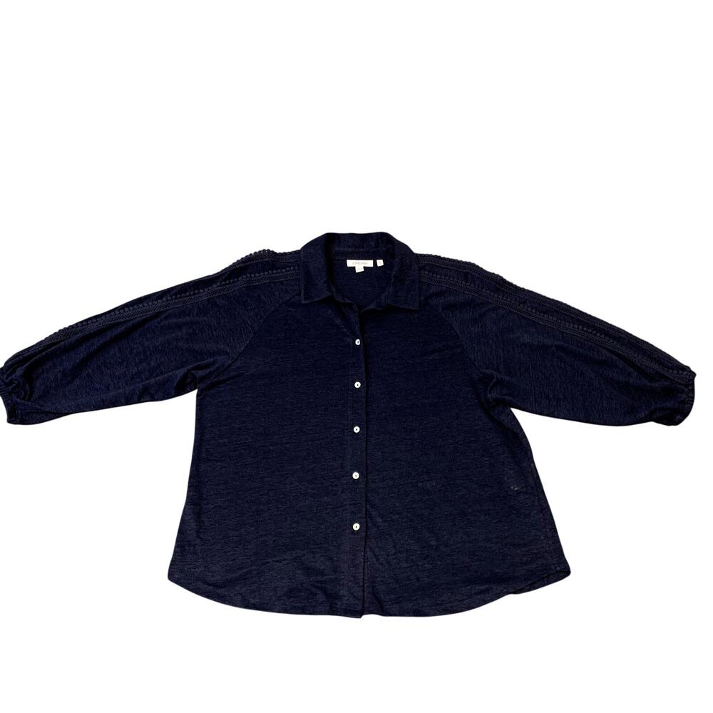 Chicos Navy Button Front 100% Linen Blouse with Balloon Elbow Sleeve Size L